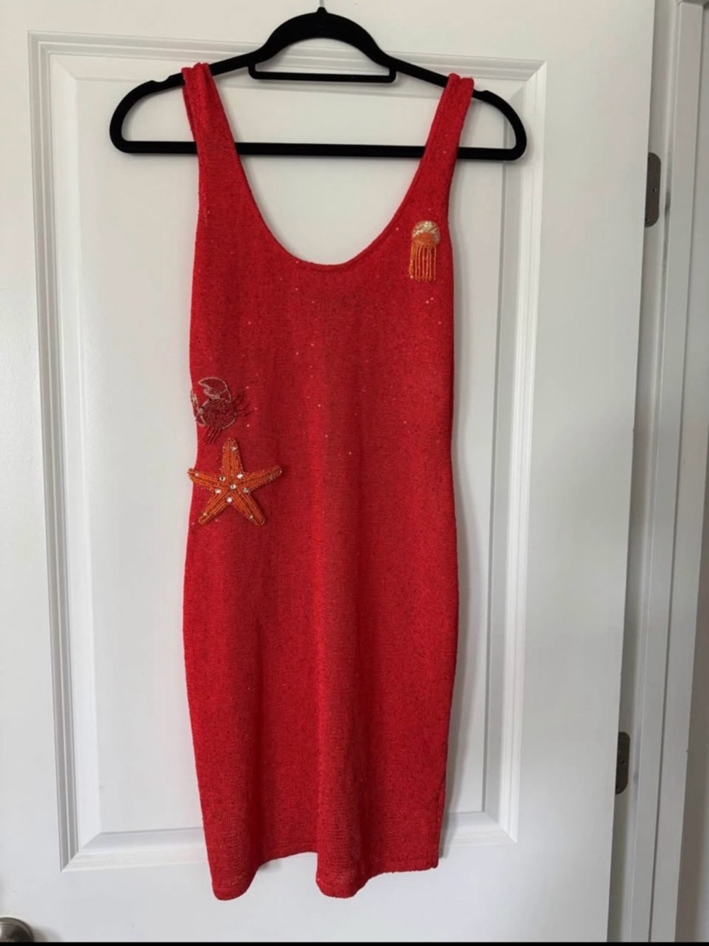 White Fox Red Sleeveless Beaded Sheath Dress